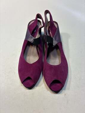 Philip Davidson Purple and Grey Suede Peep-Toe Slingback Wedges